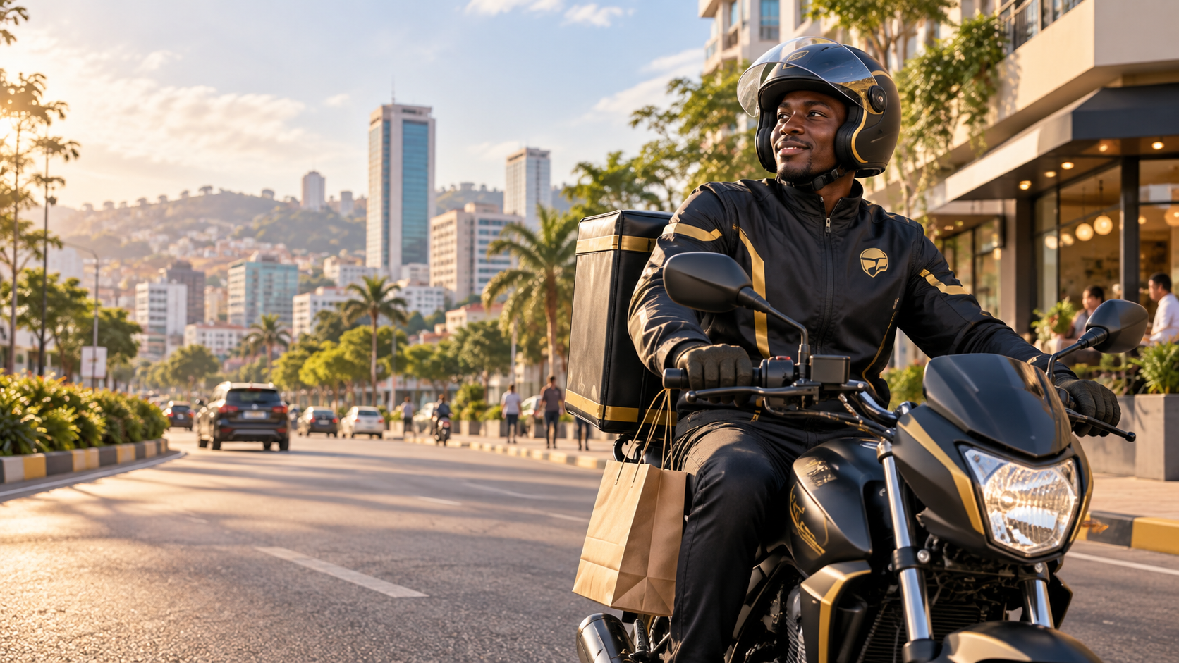 Tuma rider ready for delivery on a city street